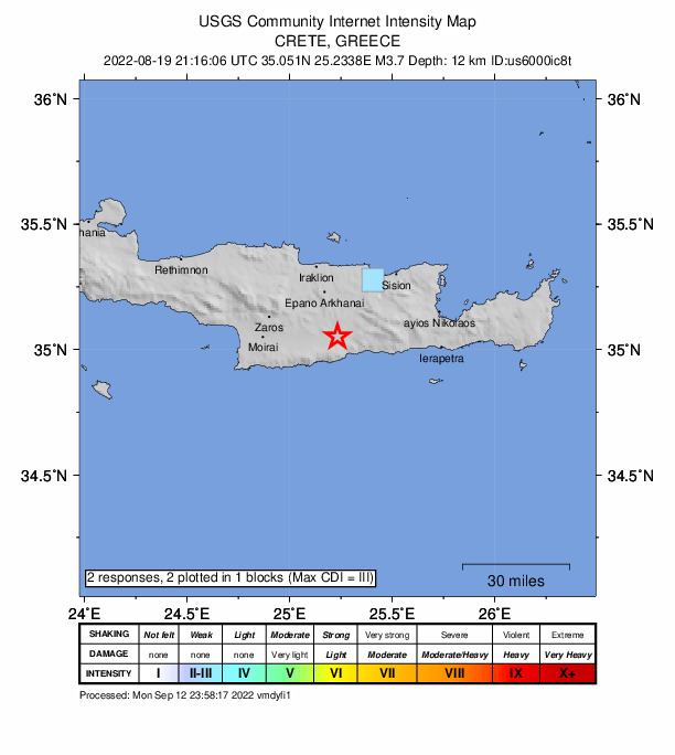 USGS DYFI community-reported intensity map for the M3.7 earthquake near 8 km ENE of Pýrgos, Greece
