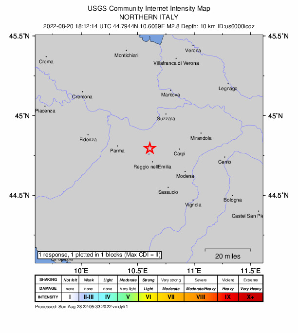 USGS DYFI community-reported intensity map for the M2.8 earthquake near 0 km SW of Cadelbosco di Sotto, Italy