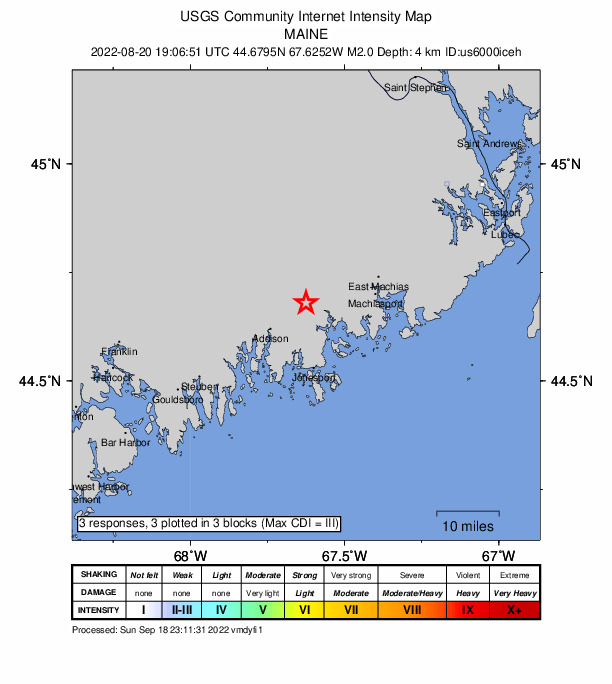 USGS DYFI community-reported intensity map for the M2.0 earthquake near 4 km WNW of Jonesboro, Maine