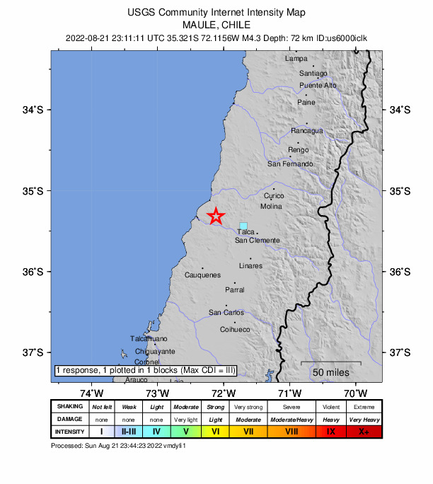 USGS DYFI community-reported intensity map for the M4.2 earthquake near 28 km E of Constitución, Chile
