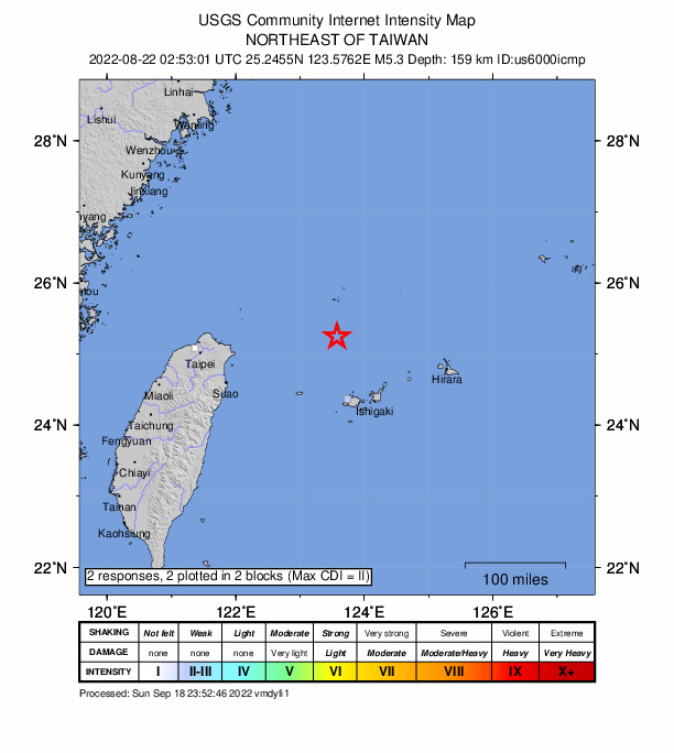 USGS DYFI community-reported intensity map for the M5.3 earthquake near 104 km NE of Yonakuni, Japan