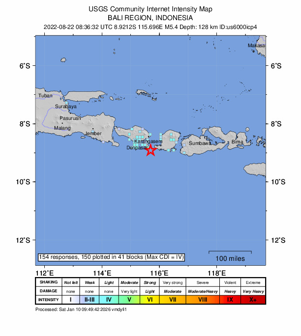 USGS DYFI community-reported intensity map for the M5.4 earthquake near Bali region, Indonesia
