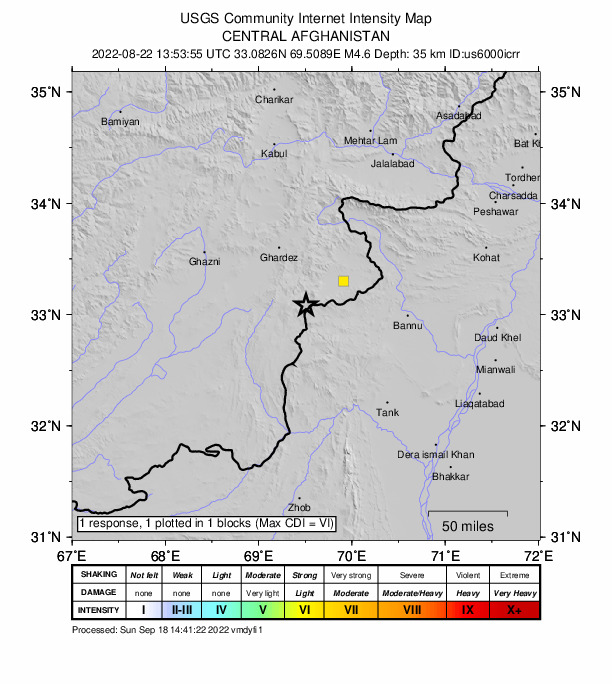USGS DYFI community-reported intensity map for the M4.6 earthquake near 47 km SW of Kh?st, Afghanistan
