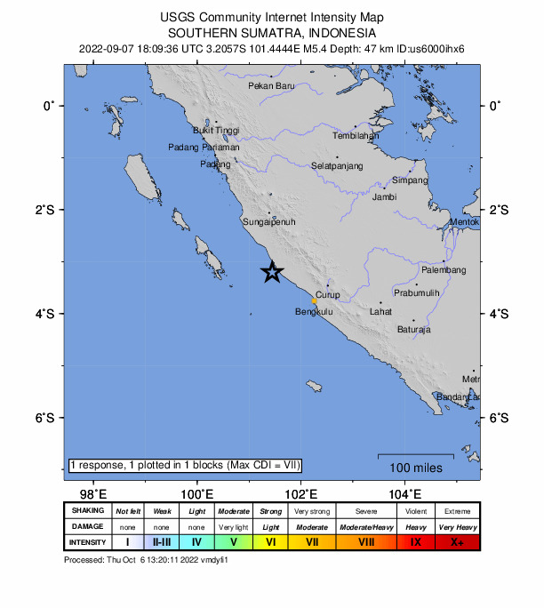 USGS DYFI community-reported intensity map for the M5.4 earthquake near 115 km NW of Bengkulu, Indonesia