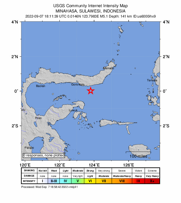 USGS DYFI community-reported intensity map for the M5.1 earthquake near 96 km SE of Gorontalo, Indonesia