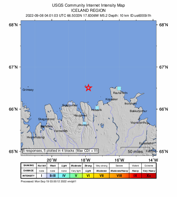 USGS DYFI community-reported intensity map for the M5.2 earthquake near 56 km NNW of Norðurþing, Iceland