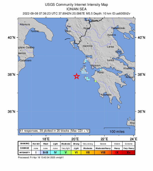 USGS DYFI community-reported intensity map for the M5.5 earthquake near 45 km SW of Lixoúri, Greece
