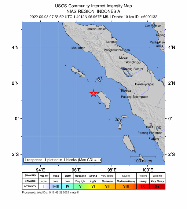 USGS DYFI community-reported intensity map for the M5.1 earthquake near 133 km SW of Singkil, Indonesia