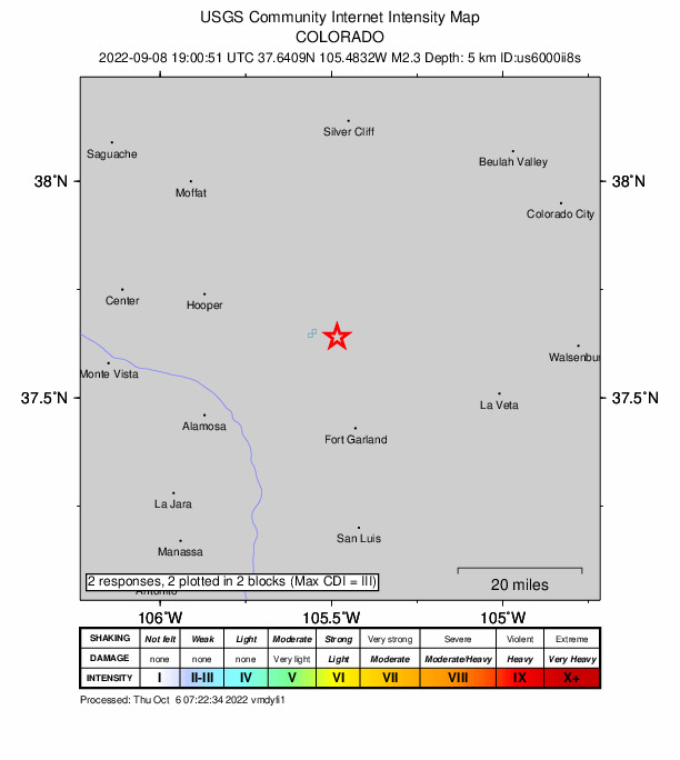 USGS DYFI community-reported intensity map for the M2.3 earthquake near 22 km N of Blanca, Colorado