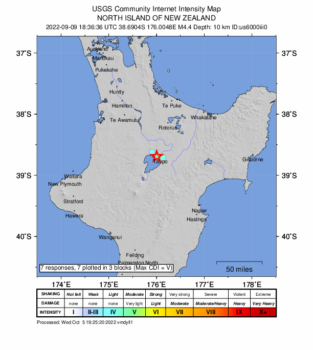 USGS DYFI community-reported intensity map for the M4.3 earthquake near 6 km WSW of Taupo, New Zealand