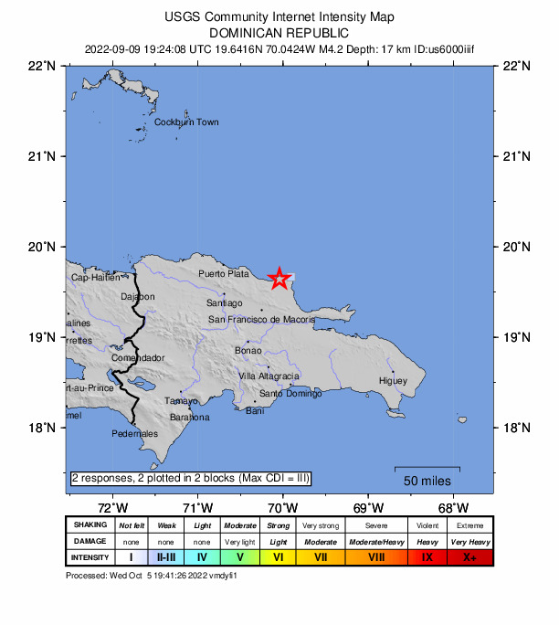 USGS DYFI community-reported intensity map for the M4.2 earthquake near 3 km E of Río San Juan, Dominican Republic