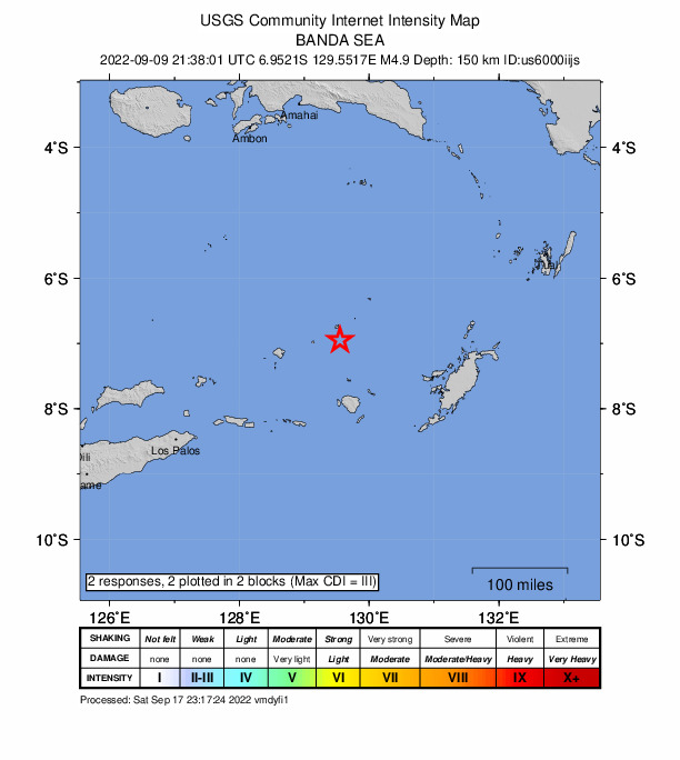 USGS DYFI community-reported intensity map for the M4.9 earthquake near Banda Sea
