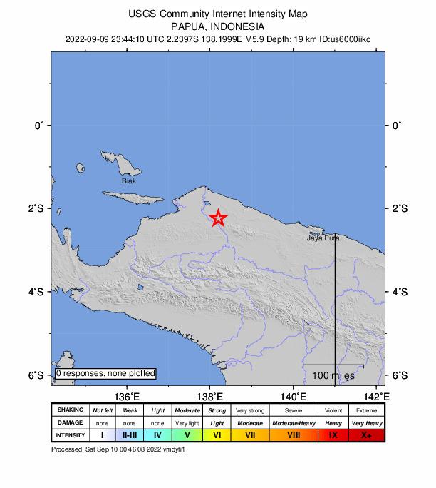 USGS DYFI community-reported intensity map for the M5.9 earthquake near 262 km ESE of Biak, Indonesia