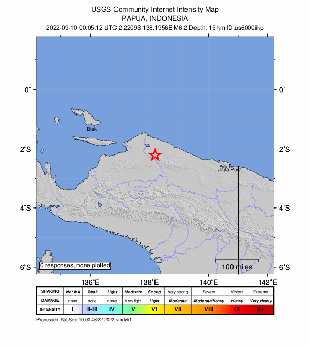 USGS DYFI community-reported intensity map for the M6.2 earthquake near 260 km ESE of Biak, Indonesia