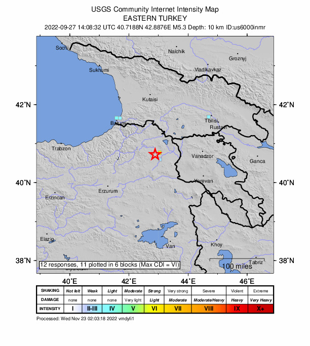 USGS DYFI community-reported intensity map for the M5.3 earthquake near 22 km WSW of Susuz, Turkey