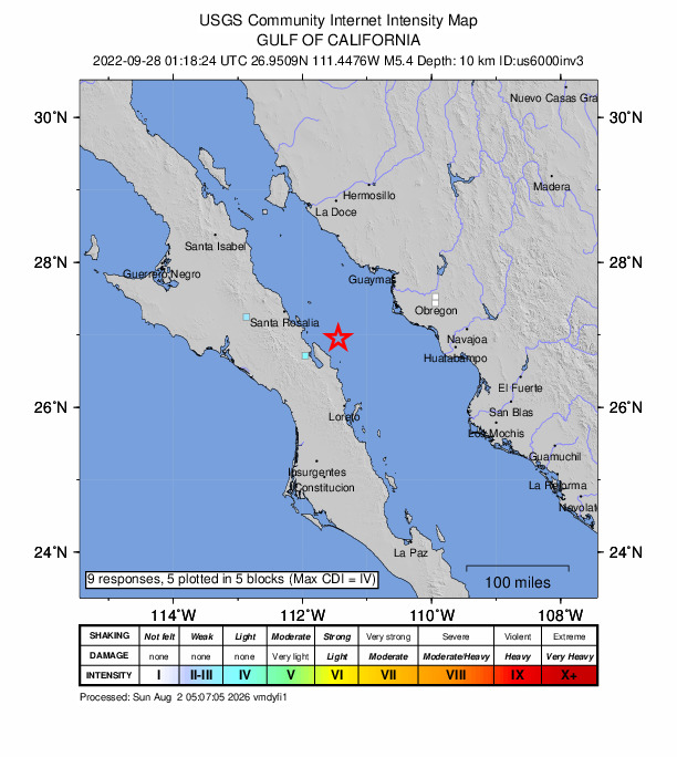 USGS DYFI community-reported intensity map for the M5.4 earthquake near 53 km E of Mulegé, Mexico