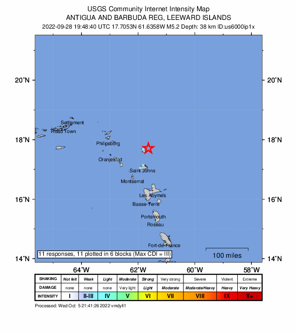 USGS DYFI community-reported intensity map for the M5.2 earthquake near 22 km ENE of Codrington, Antigua and Barbuda
