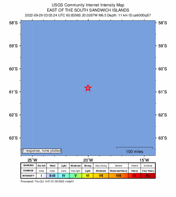 USGS DYFI community-reported intensity map for the M6.5 earthquake near east of the South Sandwich Islands