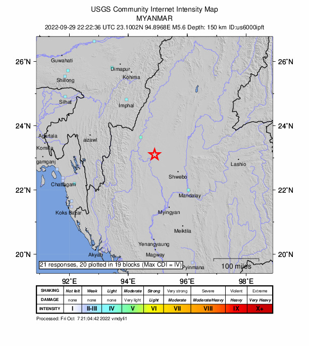USGS DYFI community-reported intensity map for the M5.6 earthquake near 78 km SE of Mawlaik, Myanmar