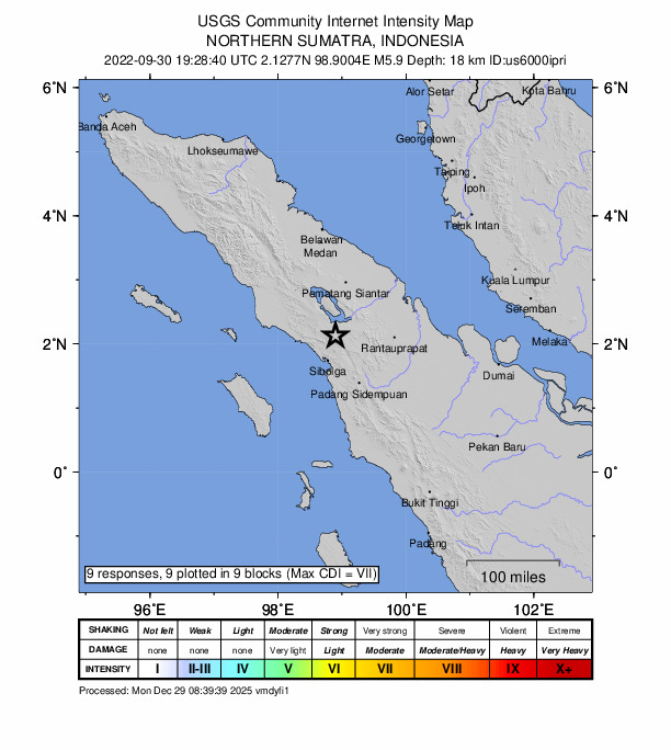 USGS DYFI community-reported intensity map for the M5.9 earthquake near 41 km NNE of Sibolga, Indonesia
