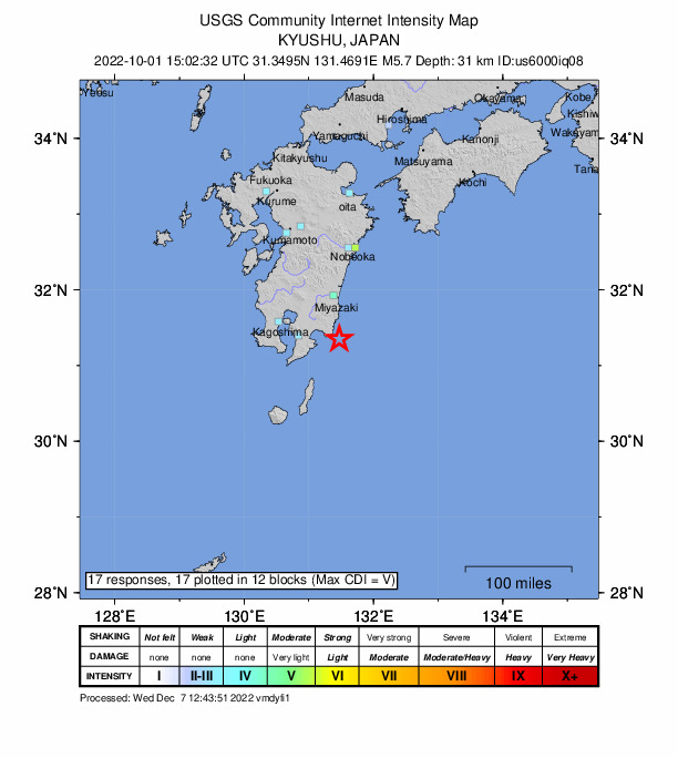 USGS DYFI community-reported intensity map for the M5.7 earthquake near 26 km SE of Kushima, Japan