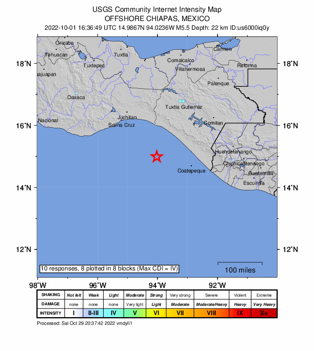 USGS DYFI community-reported intensity map for the M5.5 earthquake near 102 km SSW of Manuel Ávila Camacho (Ponte Duro), Mexico