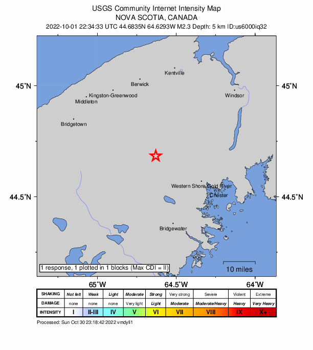 USGS DYFI community-reported intensity map for the M2.3 earthquake near 34 km WNW of Chester, Canada