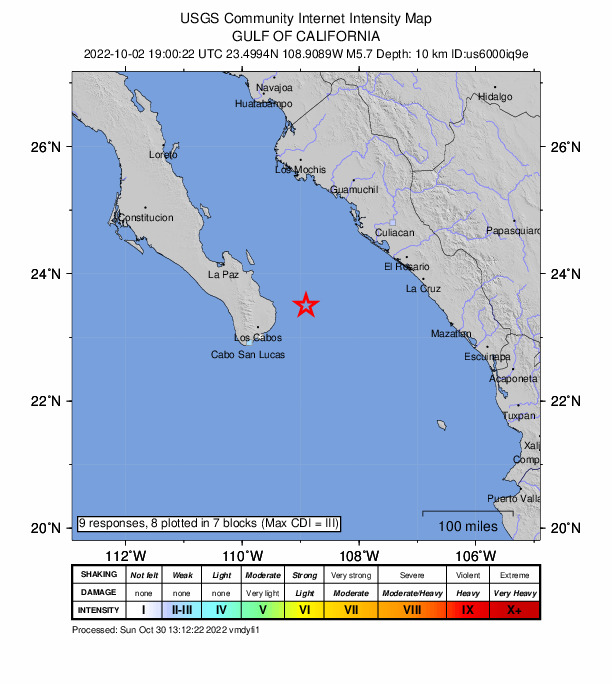 USGS DYFI community-reported intensity map for the M5.7 earthquake near 69 km E of La Rivera, Mexico