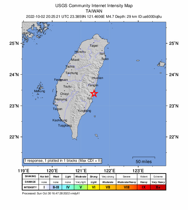 USGS DYFI community-reported intensity map for the M4.7 earthquake near 66 km SSW of Hualien City, Taiwan