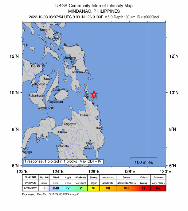 USGS DYFI community-reported intensity map for the M5.1 earthquake near 4 km E of Libas, Philippines