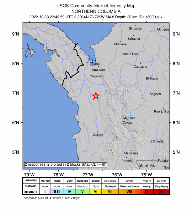 USGS DYFI community-reported intensity map for the M4.7 earthquake near 12 km SE of Murindó, Colombia