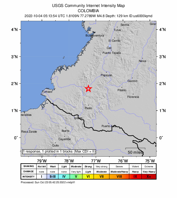 USGS DYFI community-reported intensity map for the M4.8 earthquake near 9 km NE of El Rosario, Colombia