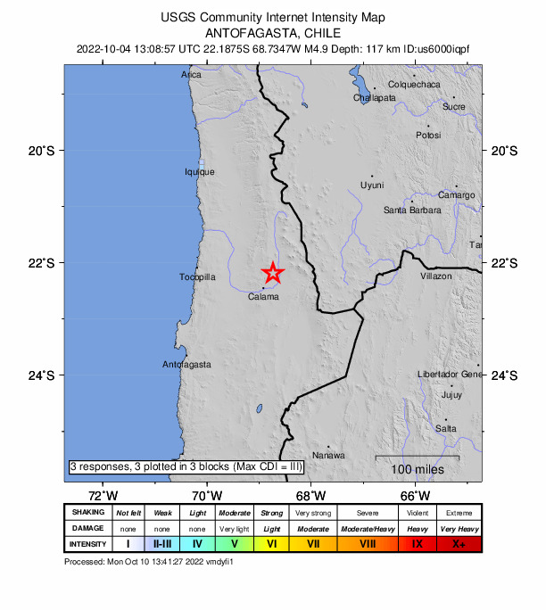 USGS DYFI community-reported intensity map for the M4.9 earthquake near 36 km NNE of Calama, Chile