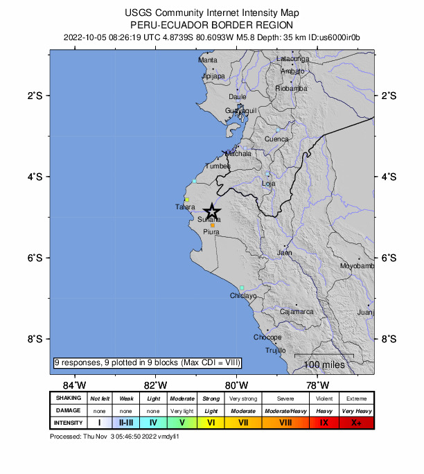 USGS DYFI community-reported intensity map for the M5.8 earthquake near 1 km S of Huangala, Peru