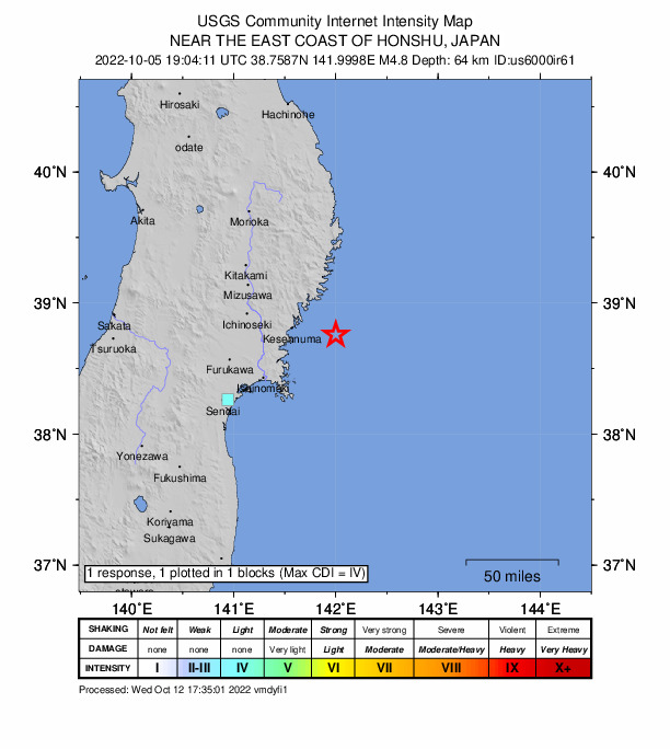 USGS DYFI community-reported intensity map for the M4.8 earthquake near 42 km SE of ?funato, Japan