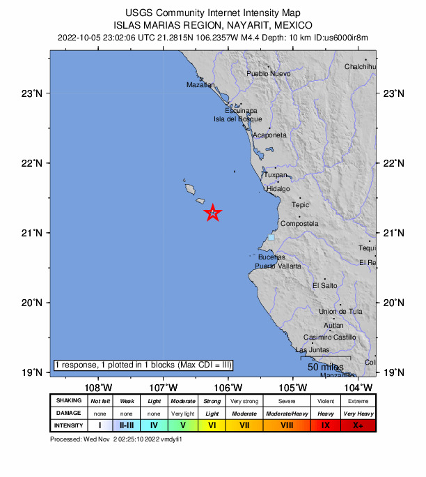USGS DYFI community-reported intensity map for the M4.4 earthquake near 94 km NW of Corral de Risco (Punta de Mita), Mexico