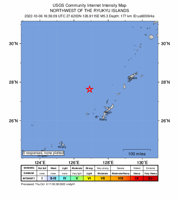 USGS DYFI community-reported intensity map for the M5.3 earthquake near 131 km WNW of Iheya, Japan