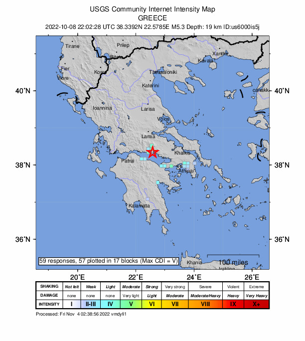 USGS DYFI community-reported intensity map for the M5.3 earthquake near 6 km SW of Antikyra, Greece