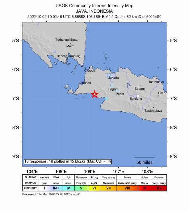 USGS DYFI community-reported intensity map for the M4.9 earthquake near 44 km WNW of Pelabuhanratu, Indonesia