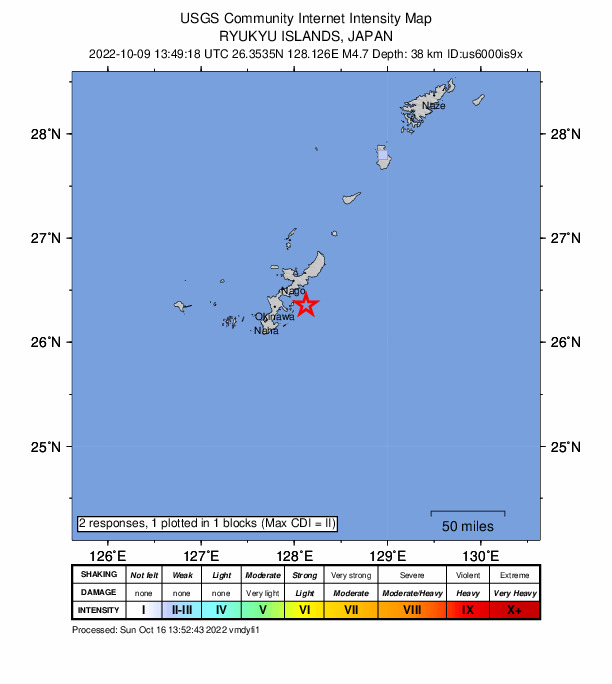 USGS DYFI community-reported intensity map for the M4.7 earthquake near 25 km E of Katsuren-haebaru, Japan