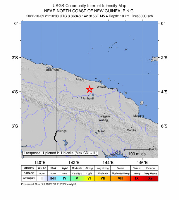 USGS DYFI community-reported intensity map for the M5.4 earthquake near 39 km NNE of Ambunti, Papua New Guinea