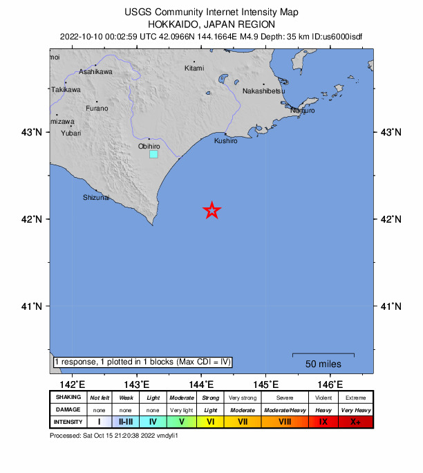 USGS DYFI community-reported intensity map for the M4.9 earthquake near Hokkaido, Japan region