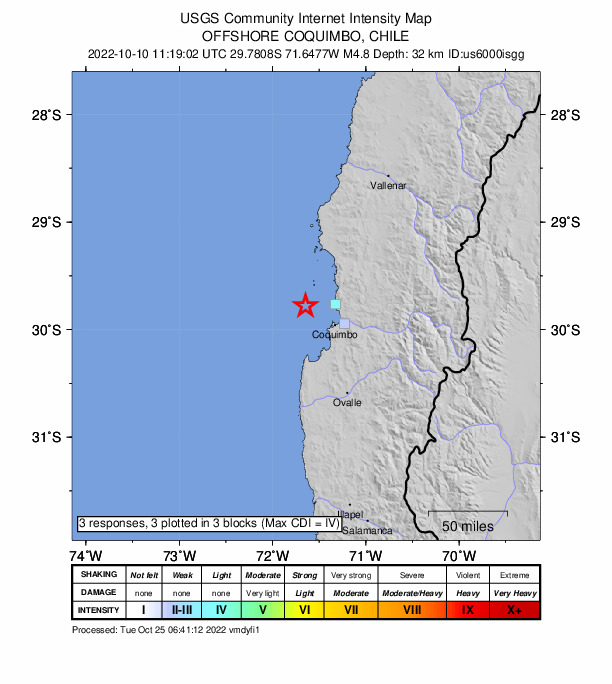 USGS DYFI community-reported intensity map for the M4.8 earthquake near 35 km WNW of Coquimbo, Chile