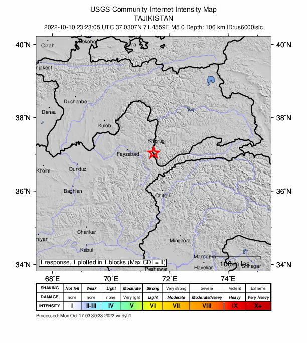 USGS DYFI community-reported intensity map for the M5.0 earthquake near 36 km NNW of Ishqoshim, Tajikistan