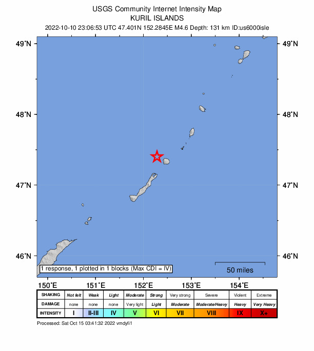 USGS DYFI community-reported intensity map for the M4.6 earthquake near Kuril Islands