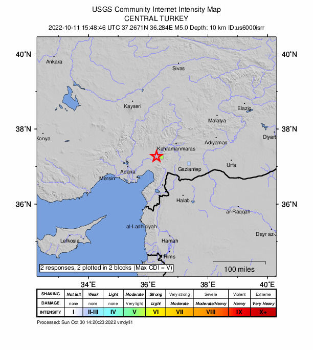 USGS DYFI community-reported intensity map for the M5.0 earthquake near 17 km SE of Kadirli, Turkey