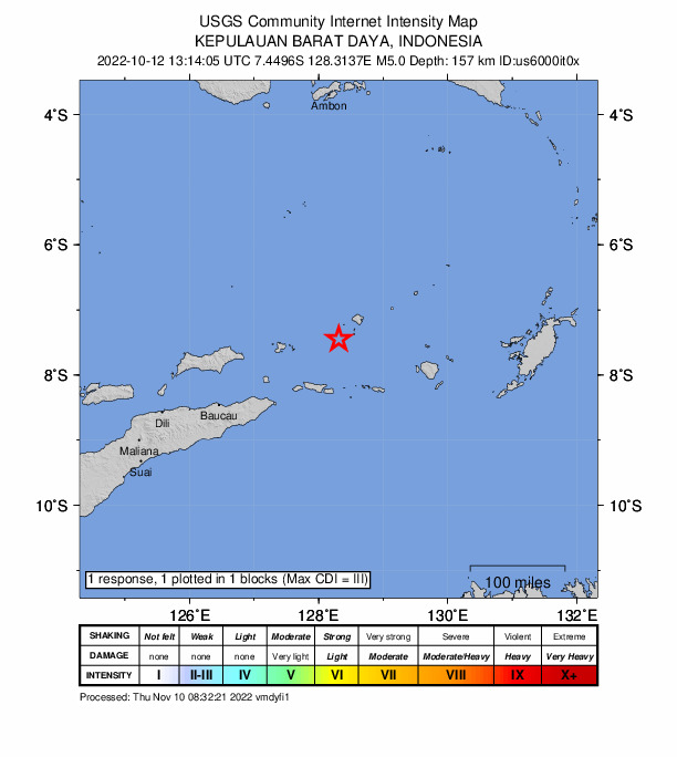 USGS DYFI community-reported intensity map for the M5.0 earthquake near Kepulauan Barat Daya, Indonesia