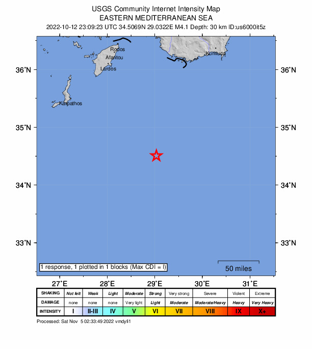 USGS DYFI community-reported intensity map for the M4.1 earthquake near 195 km SSW of Ka?, Turkey