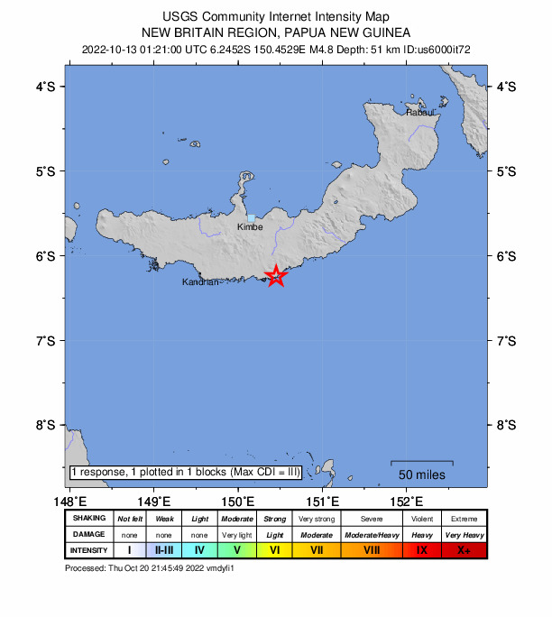 USGS DYFI community-reported intensity map for the M4.8 earthquake near 82 km SSE of Kimbe, Papua New Guinea