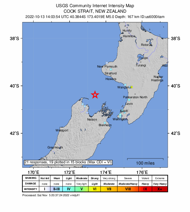 USGS DYFI community-reported intensity map for the M5.0 earthquake near 72 km NE of Takaka, New Zealand